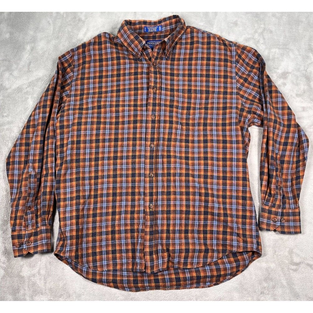 Pendleton Canterbury Cloth Flannel Shirt Mens Large Orange Plaid Wool Blend